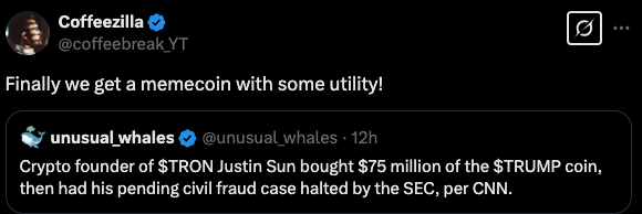 Coffeezilla (@coffeebreak_YT) discussing Justin Sun’s TRUMP coin investment – The Coinomist