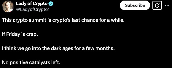 A tweet by Lady of Crypto highlighting the importance of an upcoming crypto summit for the market’s future. - The Coinomist