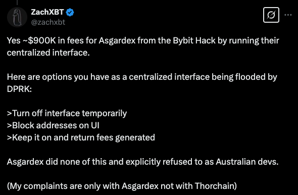 A tweet from @zachxbt outlining three actions Asgardex could have taken to mitigate the flow of stolen funds. - The Coinomist
