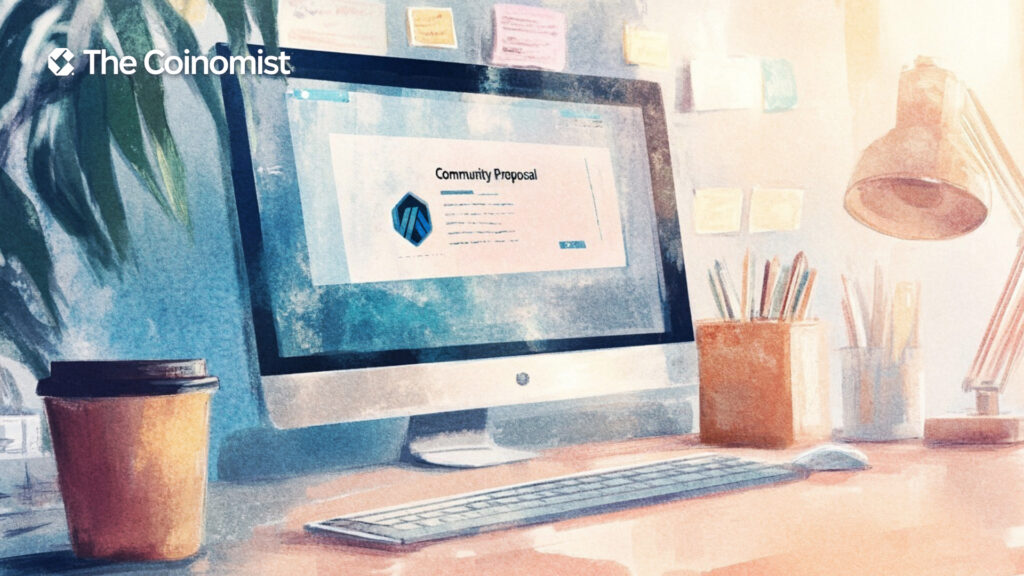 Arbitrum (ARB) tokens and a document displayed on a desktop screen to represent the new community proposal - The Coinomist