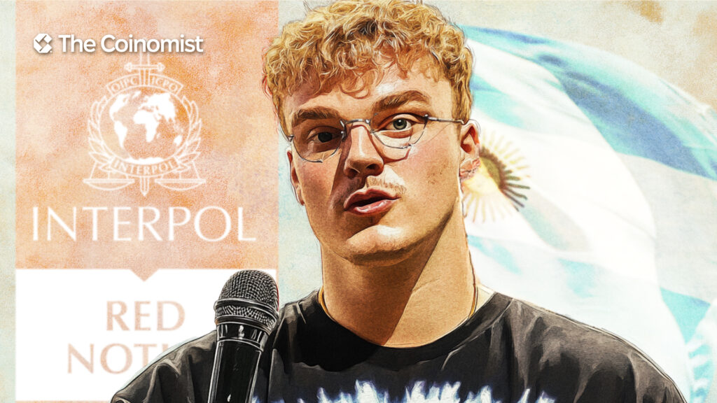 Hayden Davis on the cover, with Interpol’s Red Notice logo and the Argentinian flag in the background - The Coinomist