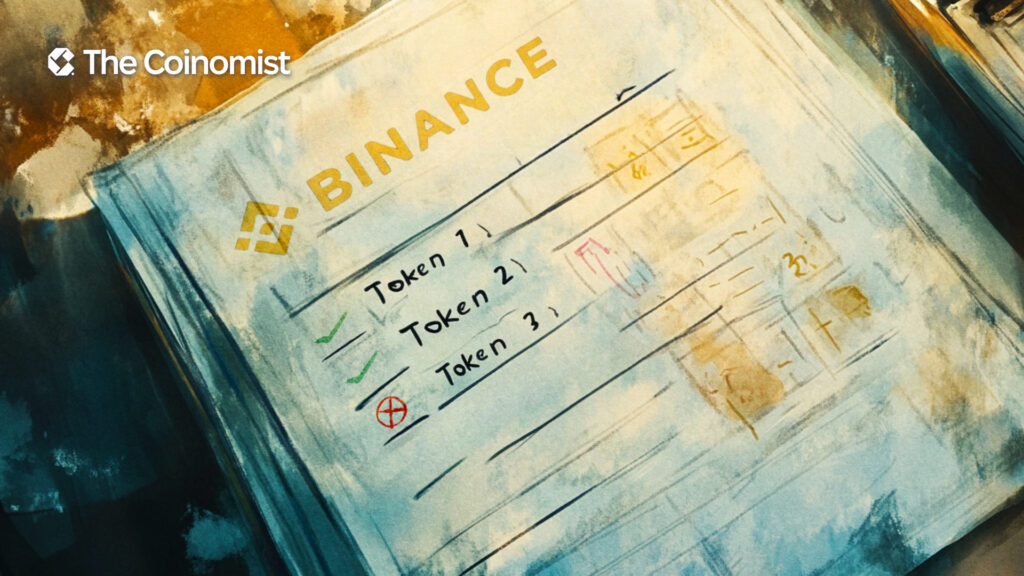 A paper on a table featuring the Binance logo and handwritten text (e.g., token 1, token 2, token 3...), with checkmarks next to selected items and X marks next to others - The Coinomist