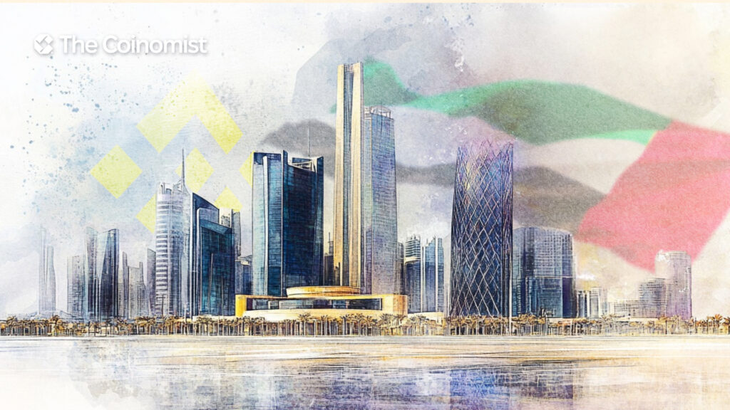 The Binance logo with Abu Dhabi’s skyline and the UAE flag in the background - The Coinomist