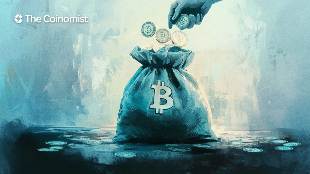 Open money bag with a Bitcoin logo instead of $ and a hand pouring new bitcoins into it - The Coinomist