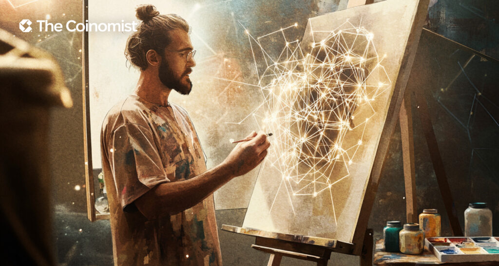 An artist with a brush stands in front of an easel with a blockchain painted on it - The Coinomist