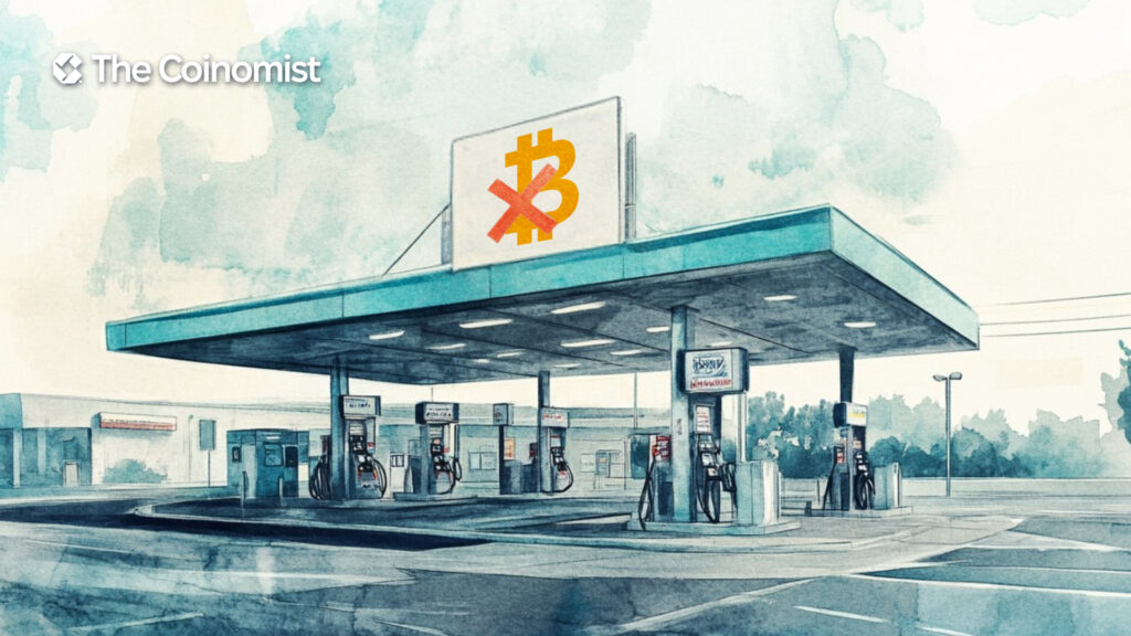 Gas station and above it a sign with a red crossed out bitcoin symbol - The Coinomist