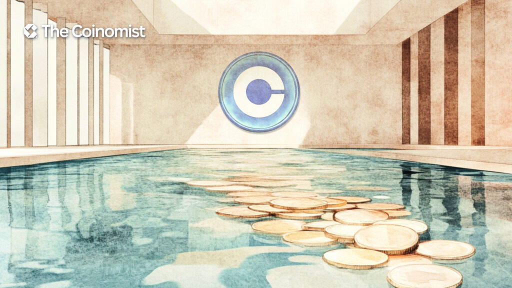 Coinbase logo on the cover with a swimming pool containing blank coins inside - The Coinomist
