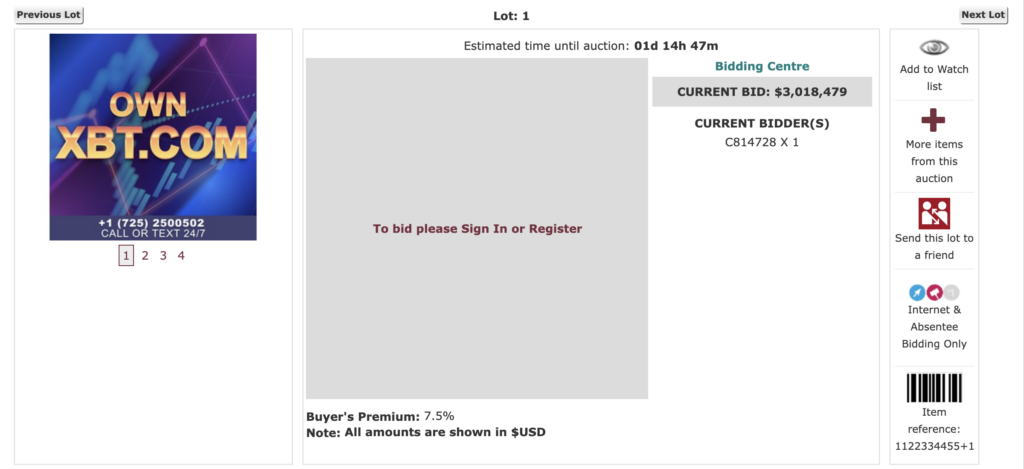 Lloyds Auctions listing for XBT․com. - The Coinomist