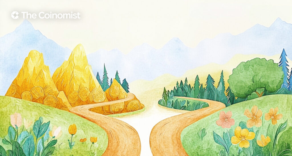 a fork in the road with two paths. One road leads to golden mountains, symbolizing quick profits, while the other leads to a green, blossoming garden, symbolizing sustainable development and ethical investments - The Coinomist