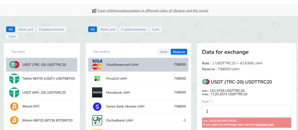 Example of an online crypto swap service interface - The Coinomist