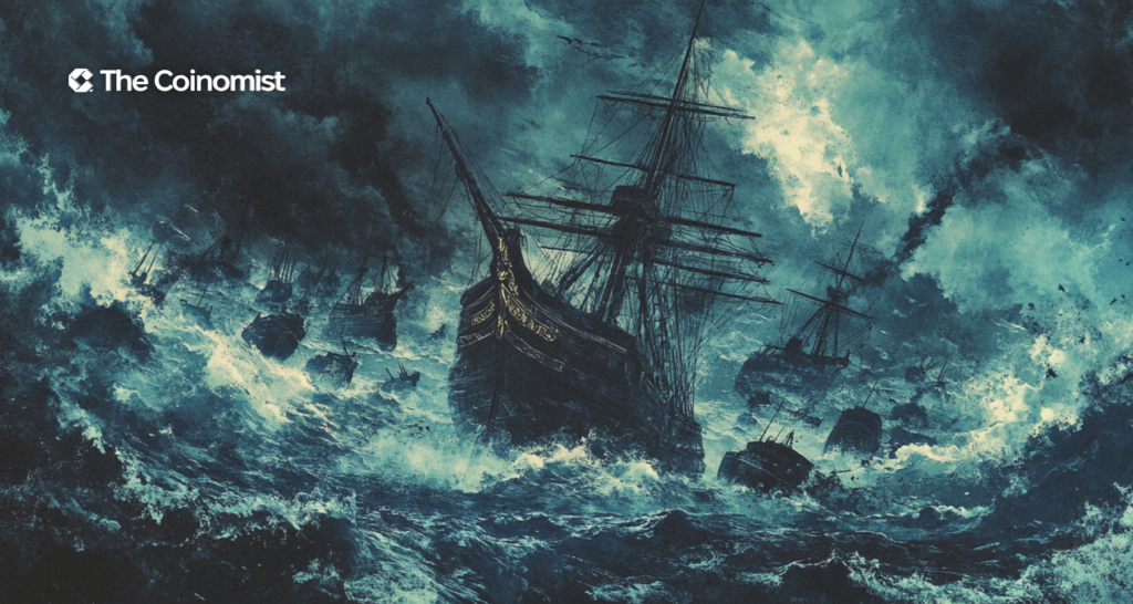 stormy ocean in which small ships are sinking and only one large vessel is staying afloat - The Coinomist