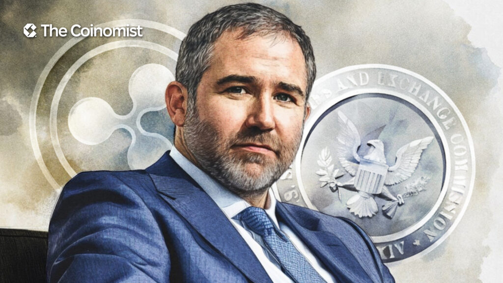 Brad Garlinghouse on the cover with Ripple and SEC logos in the background - The Coinomist