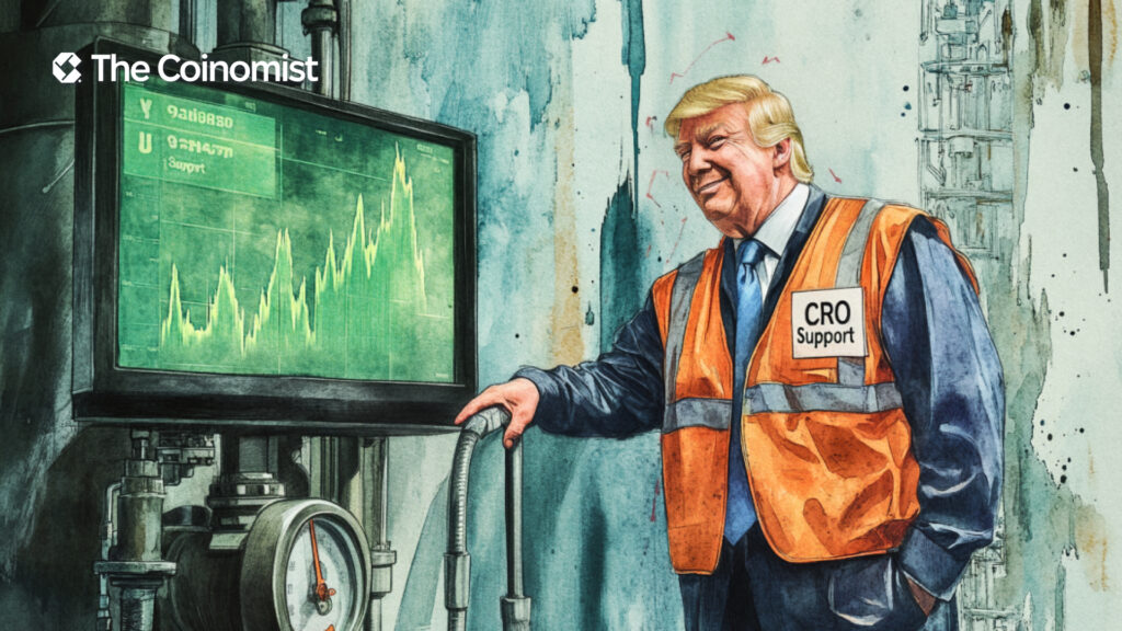 Trump working a pump, driving the CRO token’s price upward on a chart - The Coinomist