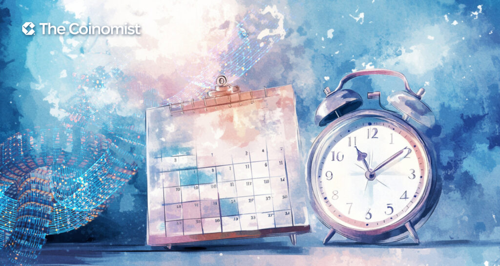 calendar, clock and blockchain symbol - The Coinomist