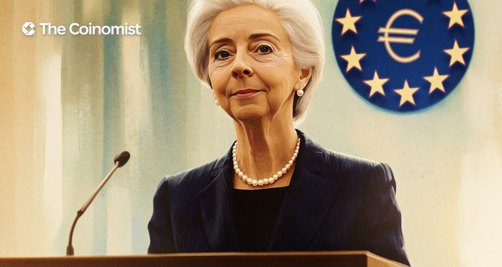 Christine Lagarde standing behind a podium with a European Central Bank sign and the euro symbol - The Coinomist
