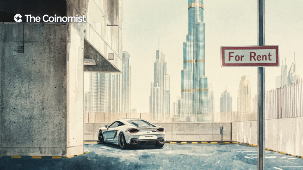 Dubai skyscraper, car in parking lot next to building, "For Rent" sign - The Coinomist