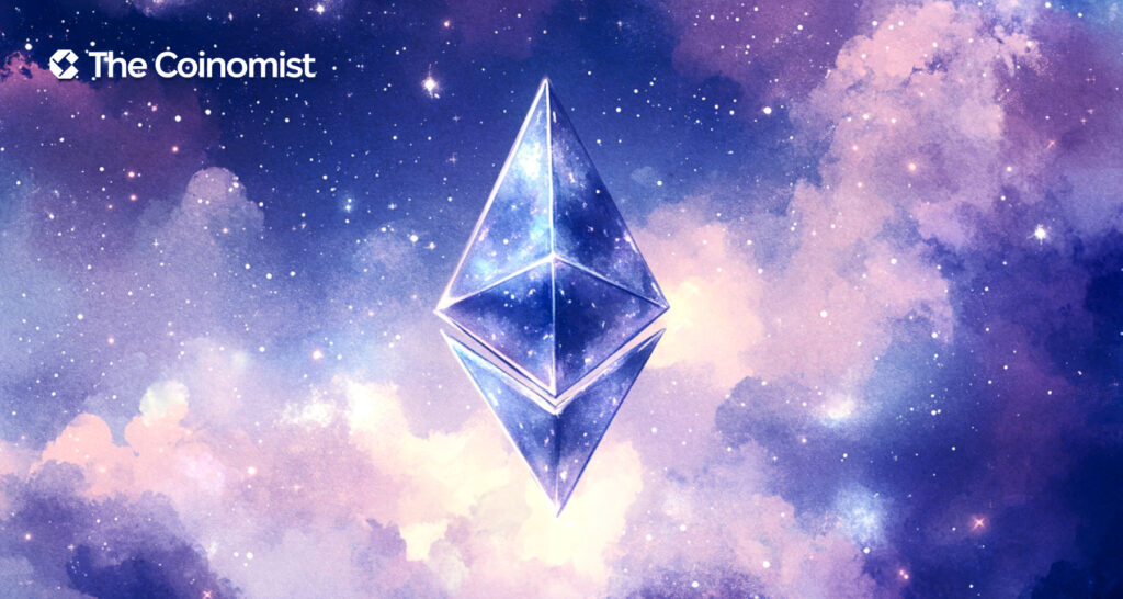 An Ethereum logo with a luminous blue-white star cluster in the background - The Coinomist