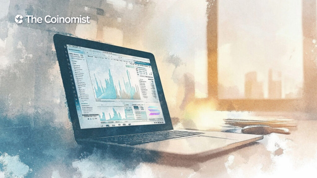 Solana logo on a trading screen (either mobile or desktop) - The Coinomist