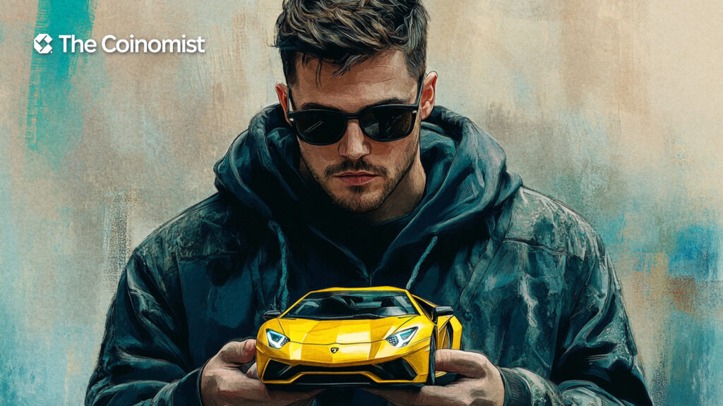 young stylishly dressed guy in dark glasses holds a toy yellow Lamborghini in his hands - The Coinomist