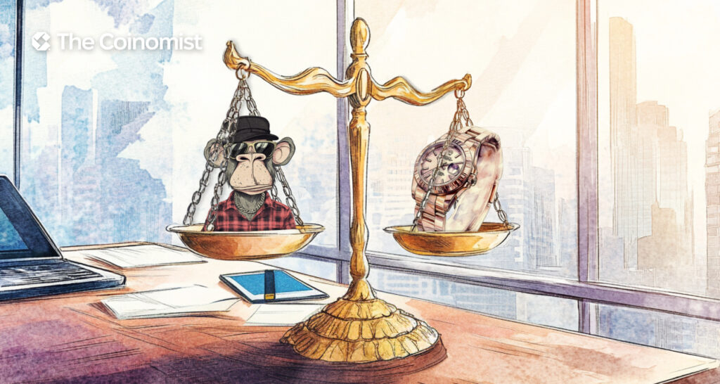 scales, on one half is a pack of dollars - on the other is the monkey from Bored Ape - The Coinomist