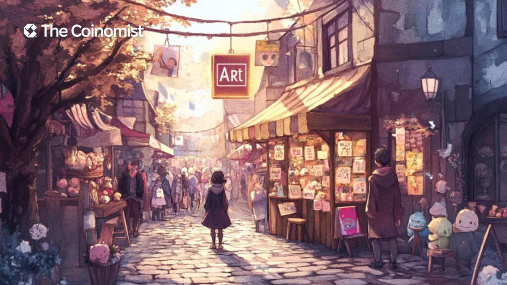 A character wanders through a lively marketplace where each stall represents a different memecoin - The Coinomist