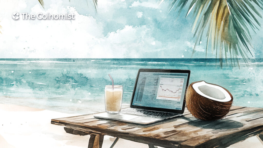a table near the sea, on the table a coconut with a straw and a laptop - The Coinomist