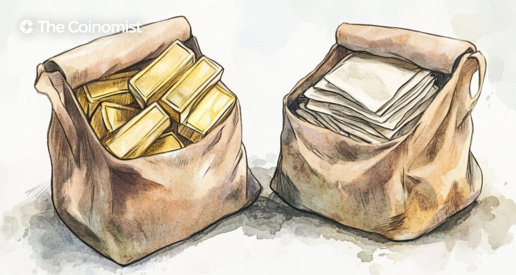 Two bags, one with gold, one with something priceless, like paper - The Coinomist