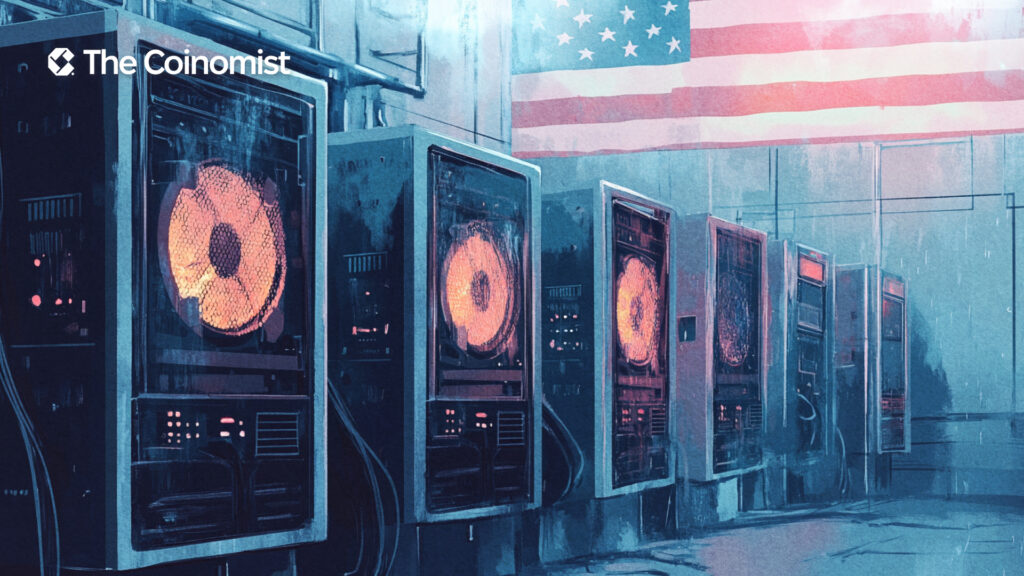 Bitcoin mining machines, US flag - The Coinomist