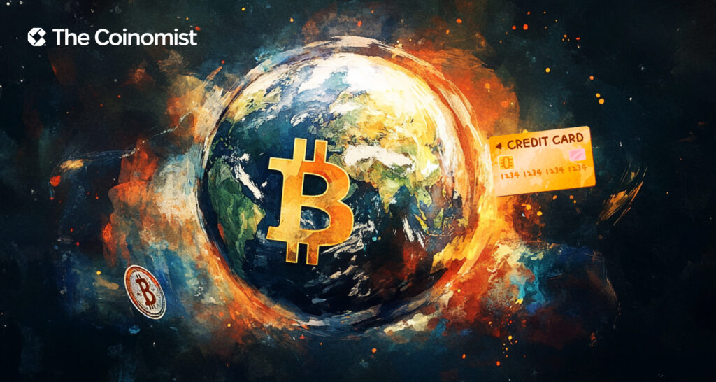 A globe with a Bitcoin symbol on one side and a bank card on the other - The Coinomist