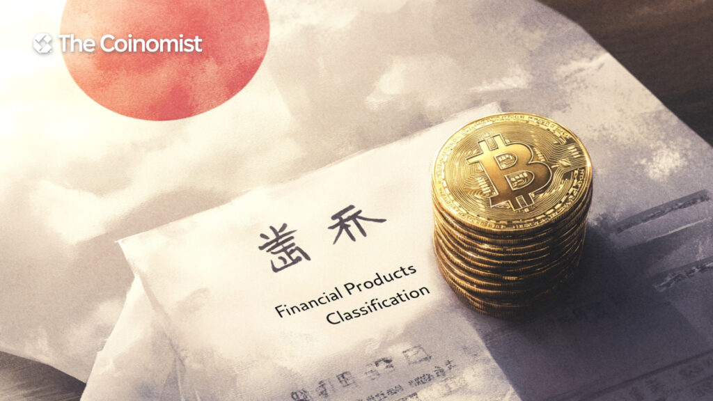 Japan’s flag with a stack of Bitcoins next to a paper document with written text - The Coinomist