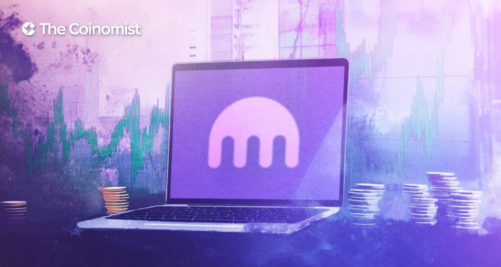 screen with the Kraken logo and a financial graph in the background - The Coinomist