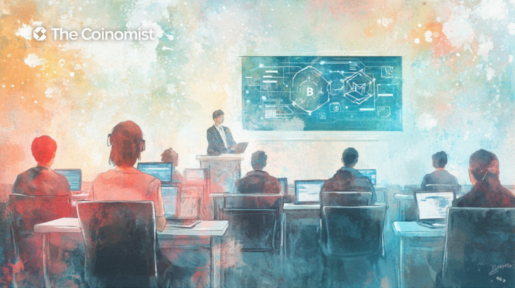 students are sitting in the classroom, the lecturer is near the board, a blockchain diagram is drawn on the board - The Coinomist