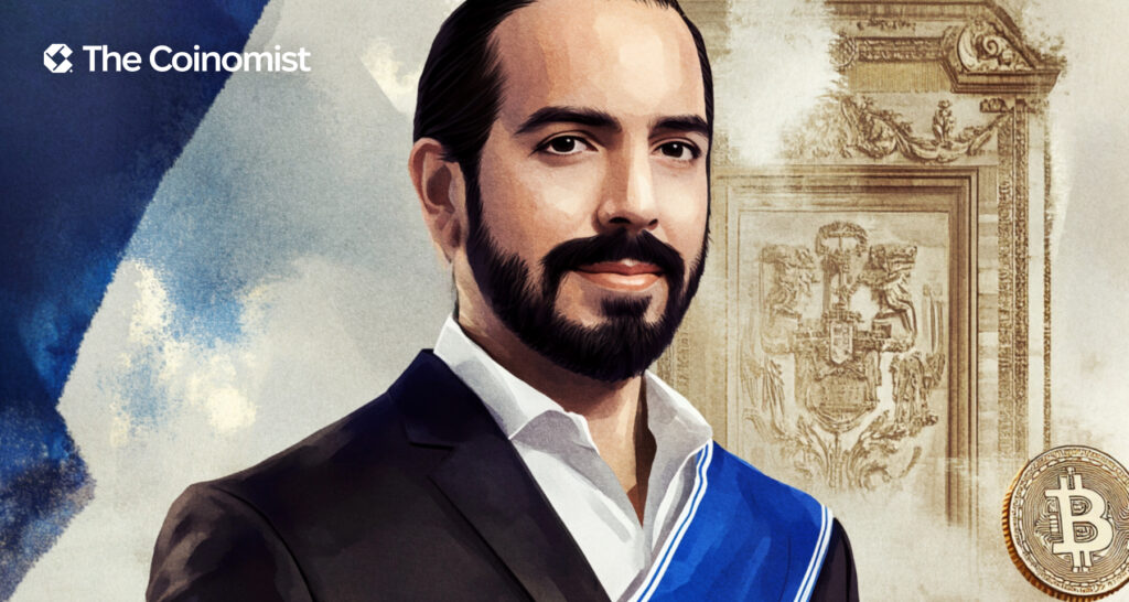 Nayib Bukele with El Salvador's flag in the background and the Bitcoin logo - The Coinomist