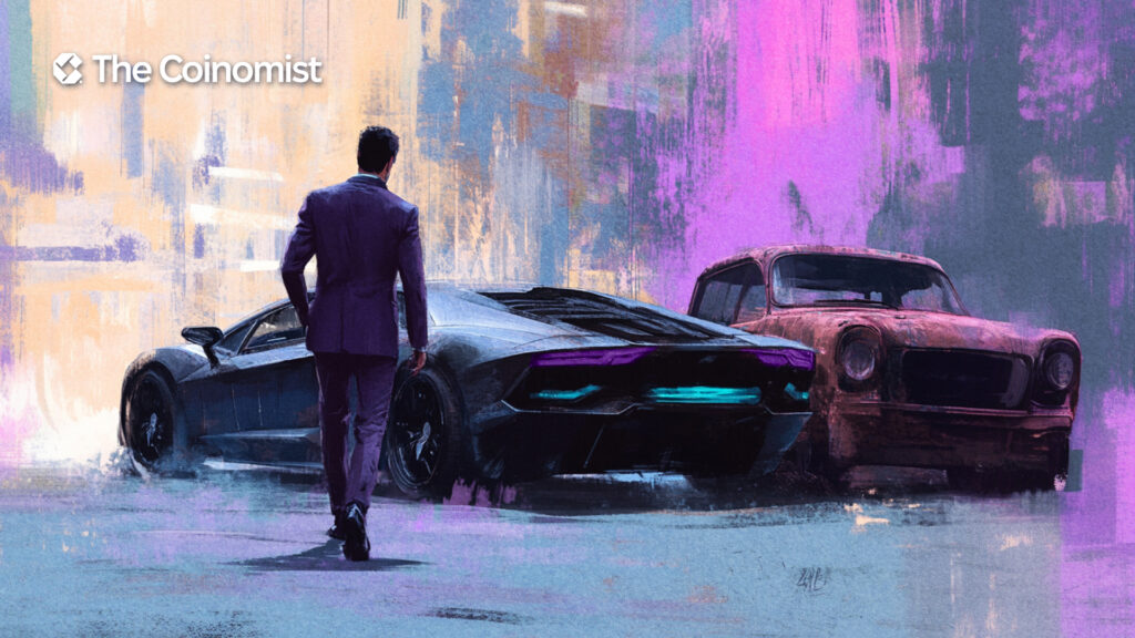 A person dressed in a Polymarket suit walks up to a sleek, luxurious new car styled with Solana branding, while an old, dull-looking car in Polygon colors sits nearby - The Coinomist