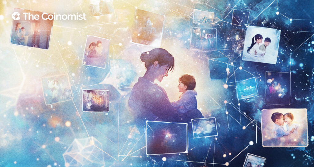 family and children photos on the background of the blockchain - The Coinomist
