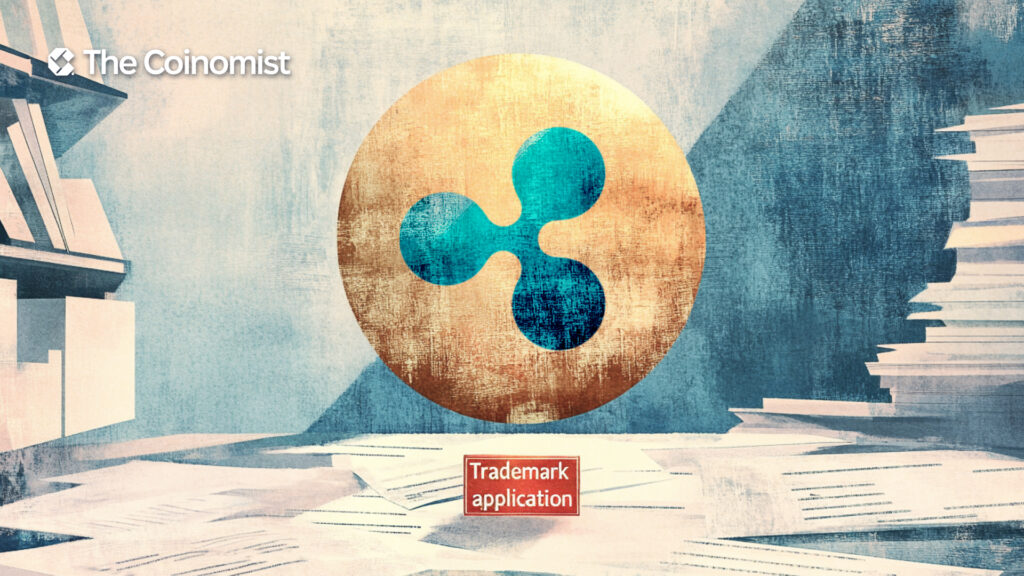 Ripple logo with a trademark stamp and papers in the background - The Coinomist