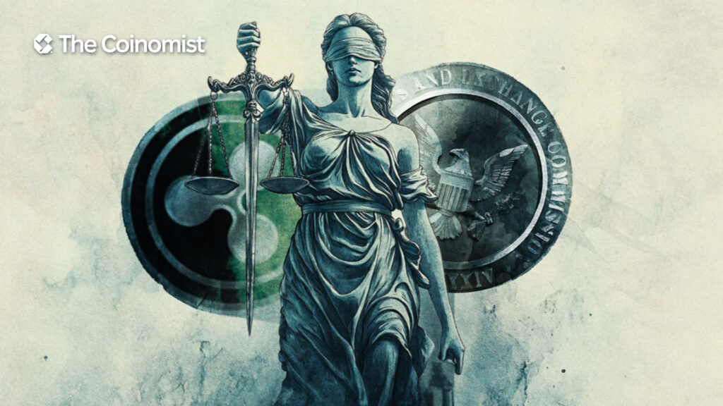 Lady Justice with a judge's gavel on the cover, with Ripple and US SEC logos in the background - The Coinomist