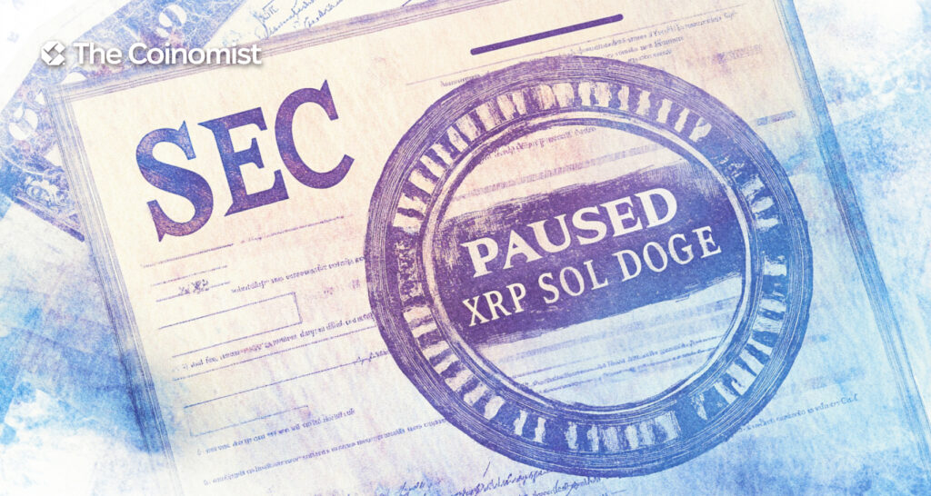 SEC symbol with XRP, SOL, Dogecoin, and Litecoin logos in the background - The Coinomist