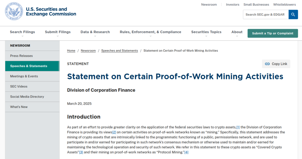 SEC Statement on Certain Proof-of-Work Mining Activities - The Coinomist