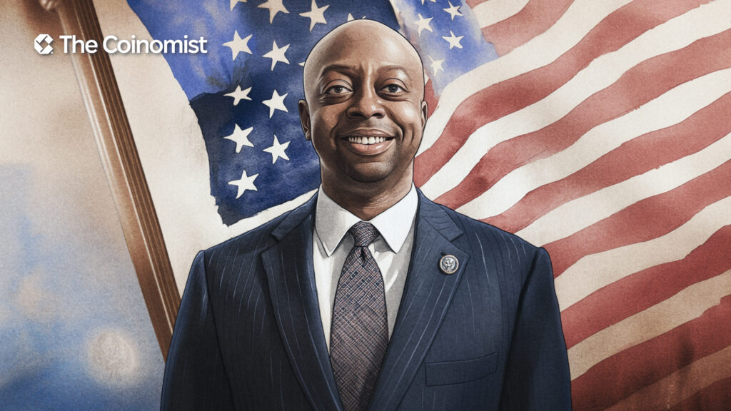 U.S. Senator Tim Scott, with a background of checkmarked paper and the U.S. flag - The Coinomist