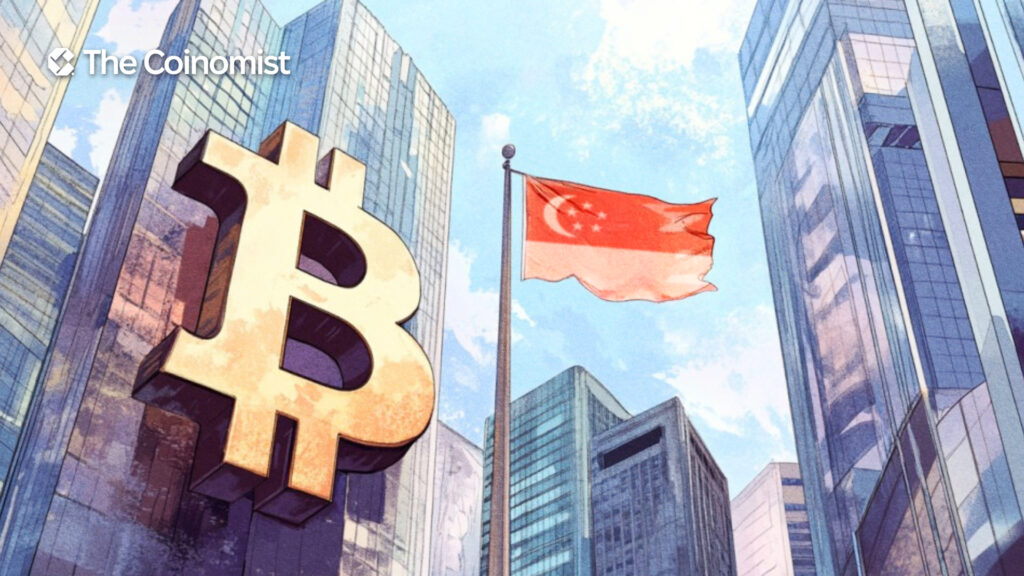 Singapore flag, skyscraper and bitcoin sign - The Coinomist