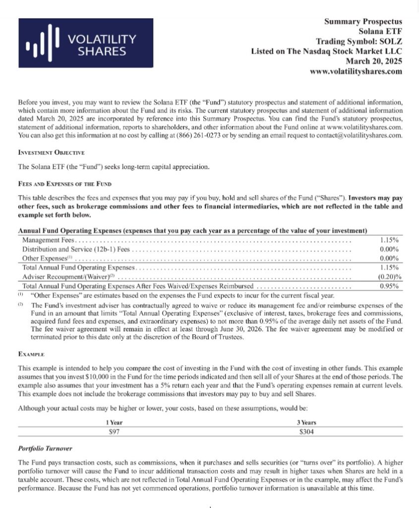 Summary Prospectus for Solana ETF Volatility Shares - The Coinomist