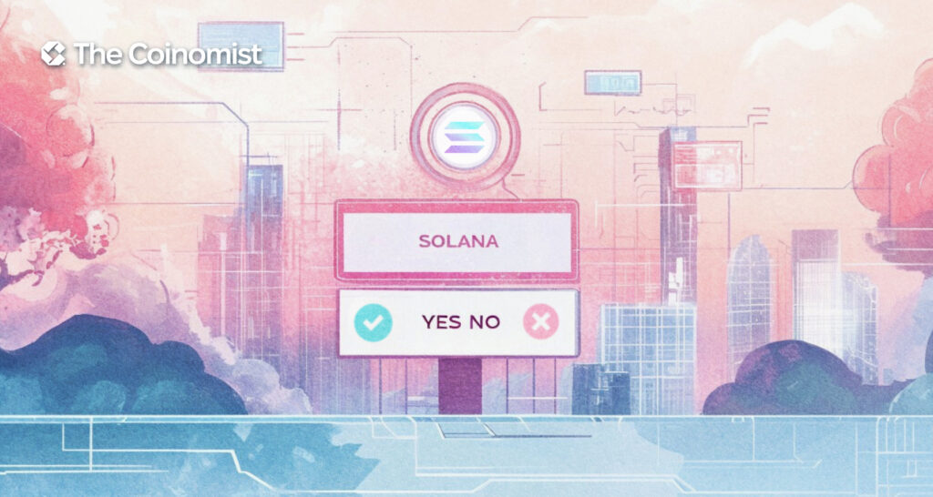 Solana logo with a voting symbol in the background, featuring both "Yes" and "No" options - The Coinomist