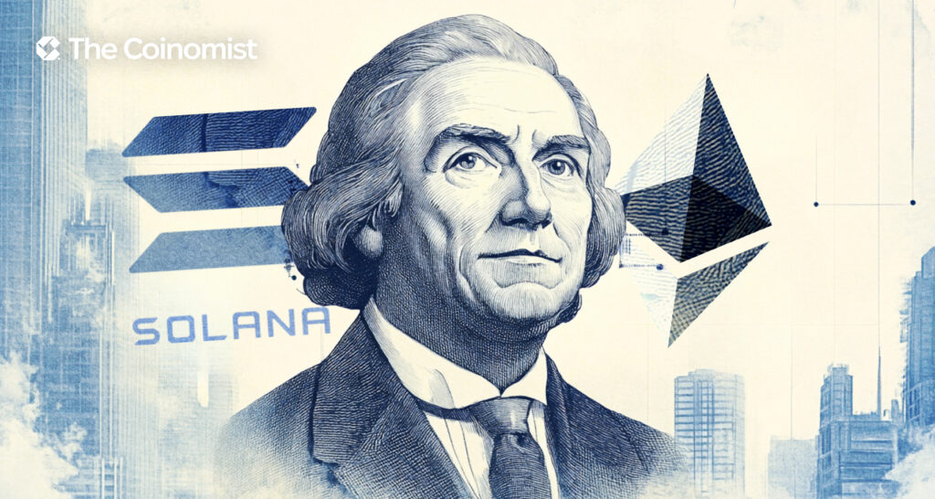 Large Franklin Templeton Investments logo at the front, with Solana and Ethereum logos on both sides - The Coinomist