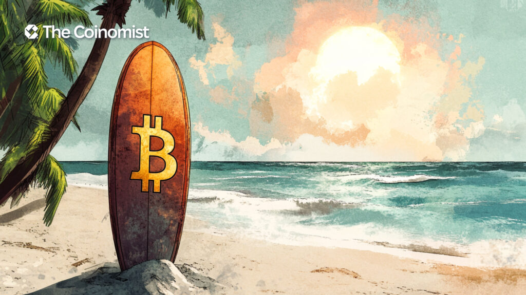 sea, beach, palm trees and bitcoin - The Coinomist