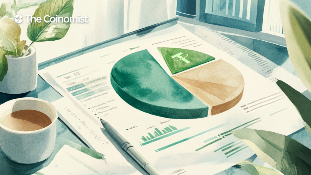 Tether logo on the cover with a pie chart and Italy's flag in the background. - The Coinomist