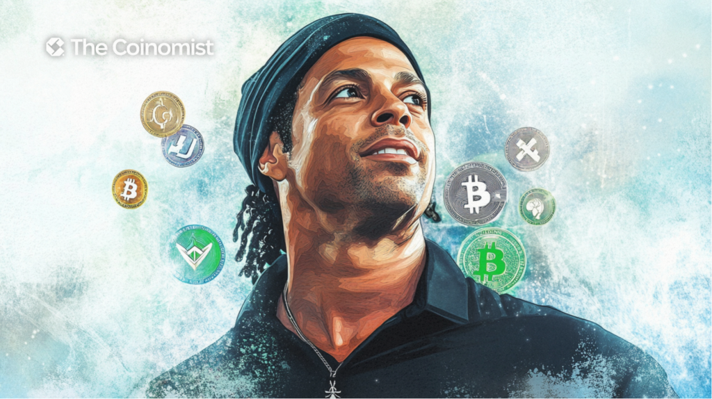 Ronaldinho on the cover with X, Bitcoin, Ether, ADA, XRP, and STAR 10 logos in the background - The Coinomist