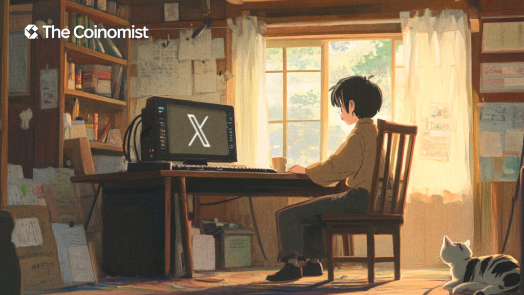 A Ghibli-style illustration of a person sitting at a desk, looking at a computer screen displaying the X logo - The Coinomist