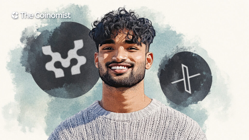 Movement Labs co-founder Rushi Manche on the cover, with the X and Movement logos in the background - The Coinomist