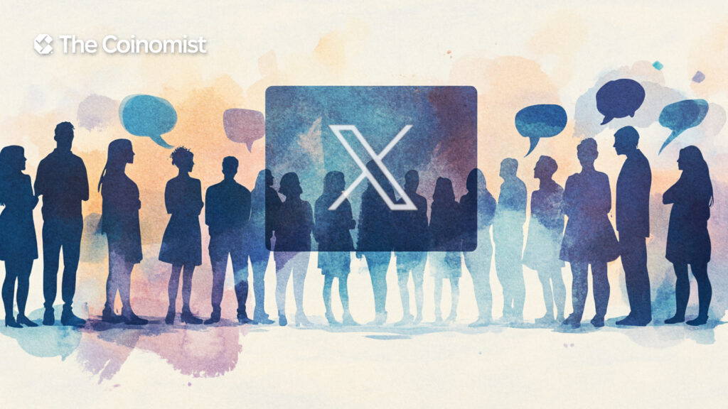 Silhouettes of people symbolizing the crypto community, with the X logo and speech bubbles in the background - The Coinomist